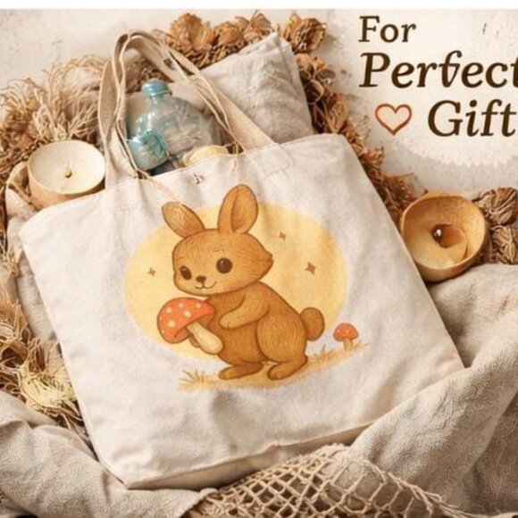 Kawaii Bunny Mushroom Canvas Tote Bag | Cute Washable Reusable Shopping Bag - Picture 4 of 4